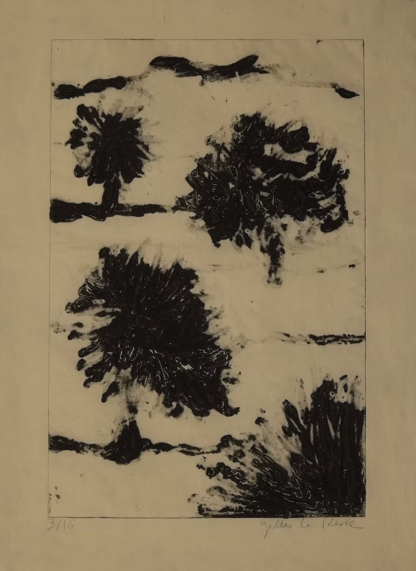 Field of olive trees. Carborundum engraving by Gildas Le Reste. The Snop House Collection